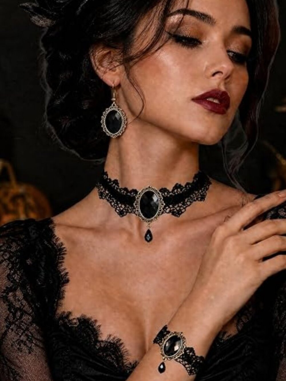 YUKI & LIZ Halloween Gothic Vampire Choker Necklace – Black Lace Goth Jewelry